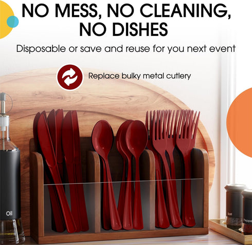150 Pack Burgundy Plastic Cutlery Set, Heavy Duty Disposable Silverware, 50 Forks, 50 Spoons, 50 Knives for Party