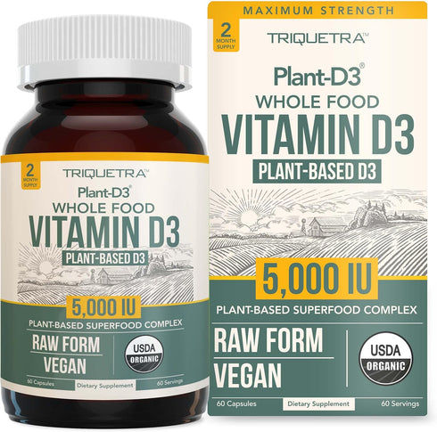 Organic Vitamin D3 5,000 IU - 60 Capsules, 100% Whole Food & Plant-Based, Vegan, Enhanced with Prebiotic & Superfood