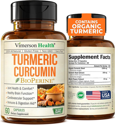 Turmeric Curcumin with Black Pepper Extract & Organic Turmeric, 60 Curcuma Capsules for Joint Support