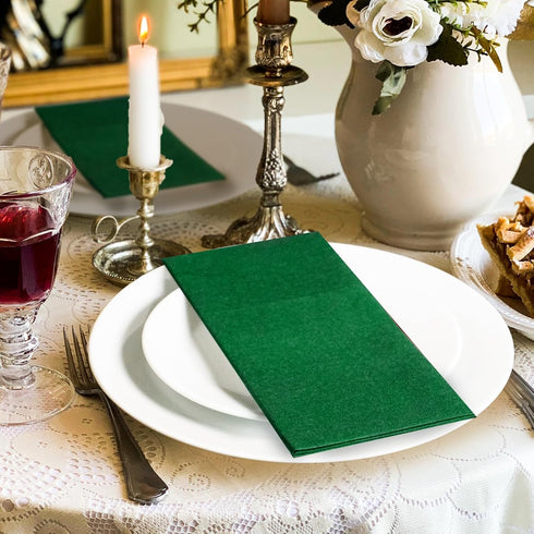 KAMMAK 100 Pack (16.5 16.5 inch) Green Napkin Disposable Cloth Like Dinner Paper Napkins with Pocket Folded Guest Hand