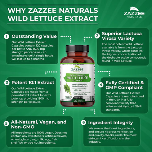 Zazzee Extra Strength Wild Lettuce 10:1 Extract, 1500 mg, 120 Vegan Capsules, Non-GMO
