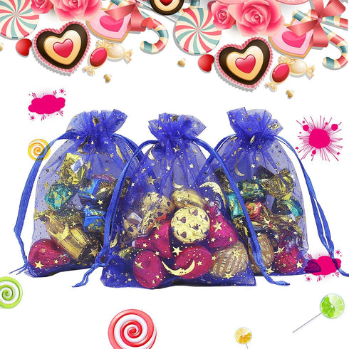 SUNGULF 100Pcs Sheer Organza Drawstring Pouches, 4x5 Inches, Blue, Wedding Party Favor Bags