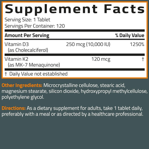 K2 (MK7) D3 2 1 10,000 D3 120 K2 MK-7, 120 Bronson Vitamin with Supplement Extra Strength in Support, IU Vitamin & mcg