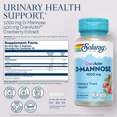 Solaray D-Mannose 1000mg with CranActin Cranberry Extract - Vegan, 60 Day Guarantee, 30 Servings, 60 VegCaps - Supports