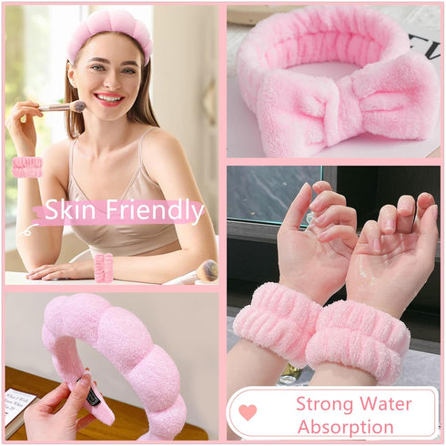 Spa Headband and Wrist Washband Set, 4pcs Soft Makeup Headbands for Face Washing, Shower, Makeup Removal (Pink)