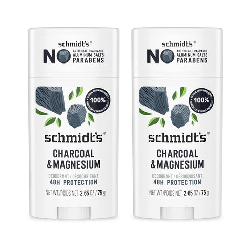 Schmidt's Aluminum-Free Vegan Deodorant: Charcoal & Magnesium, 48 Hour Odor Protection, 2 Count, 2.65 oz