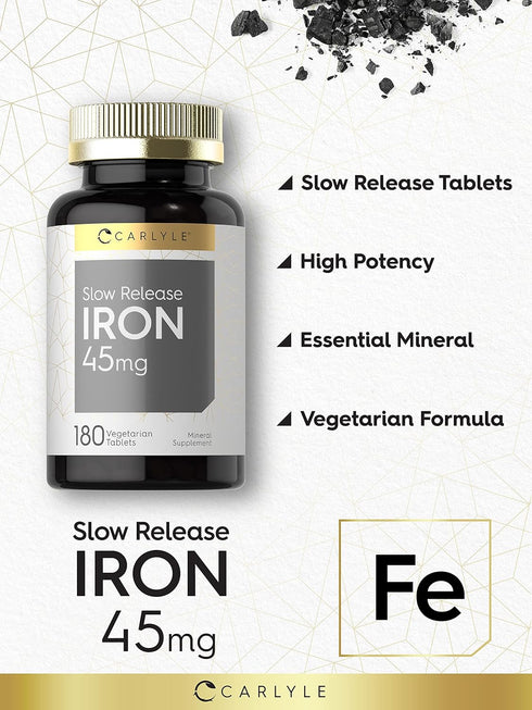 Carlyle Slow Release Iron | 45 mg | 180 Tablets - Vegetarian, Non-GMO, Gluten Free Formula | Ferrous Sulfate Mineral