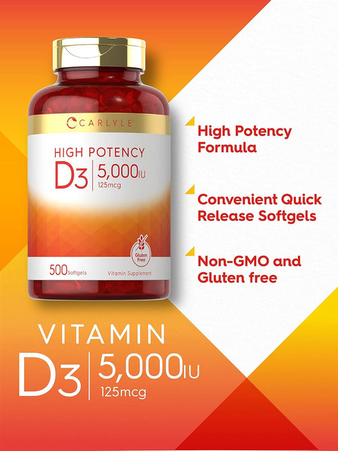 Carlyle Vitamin D3 5000 IU Softgels, 500 Count, Value Size, Non-GMO & Gluten Free, High Potency Formula, 125mcg