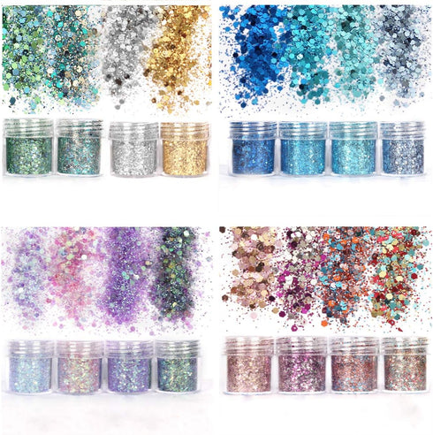 Unime Body Glitter, 16 Colors Chunky Glitter for Body, Face, Hair, Make Up, Nail Art