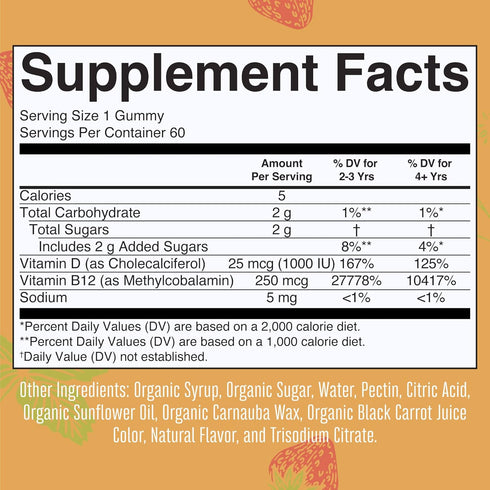 Mary Ruth's Vitamin D3 + B12 Gummies, USDA Organic, 60 Servings for Bone Health and Energy Boost