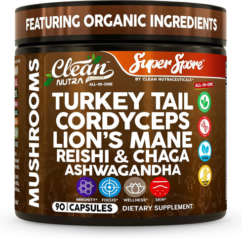 Organic Turkey Tail Mushroom Supplement Capsules | Lions Mane Cordyceps Reishi Chaga