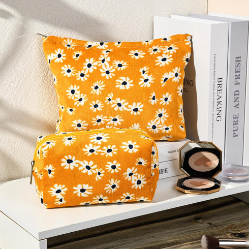 2 Pieces Little Flower Makeup Bag Large Cosmetic Bag Capacity Canvas Travel Toiletry Bag Organizer Cute Makeup Brushes Aesthetic Accessories Storage Bag for Women