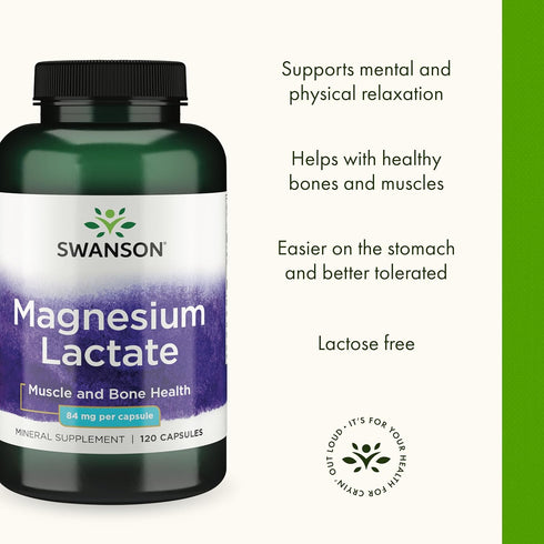 Swanson Magnesium Lactate Mineral Supplement for Muscle and Bone Health Support - 120 Capsules, 84mg Each
