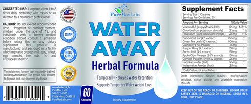 Water Away Gentle Herbal Diuretic, Natural Diuretic Water Pills for Bloating Relief, 60 Capsules with Dandelion Leaf