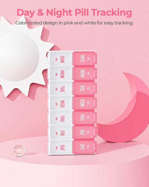 Stylish Weekly Pill Organizer 7 Day AM PM, Large Compartments, Easy to Use, BPA-Free Pill Case for Vitamins, Supplements