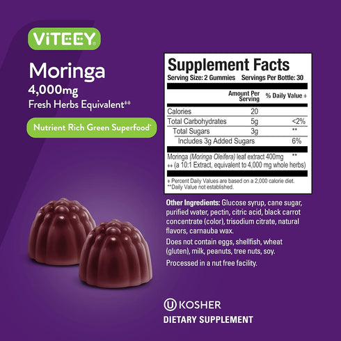 Moringa Gummies for Adults & Teens - 4000mg Moringa Leaf Extract, Vegan, Strawberry Flavored