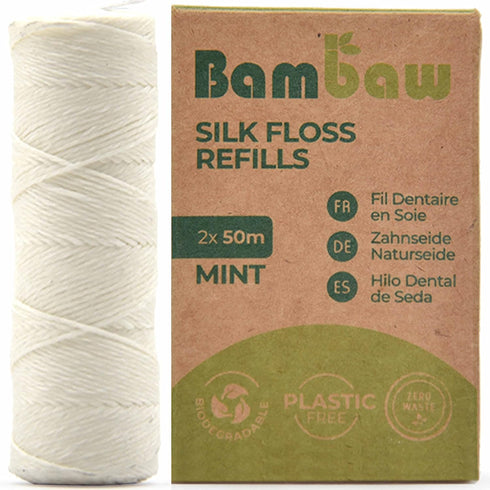 Refill Silk Dental Floss | Candelilla Wax Tooth Floss | Eco-Friendly Plastic Free Mint Floss | 2 x 55 Yards | Bambaw