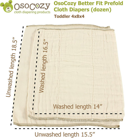 OsoCozy -100% 3 4x8x4 25-45 lb.) 1 Dozen Better Fit Unbleached Prefold Cloth Diapers Cotton, Gauze Weave, Sized for Tri