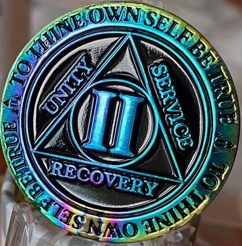 2 Year AA Medallion Reflex Rainbow Plated Black Sobriety Chip II