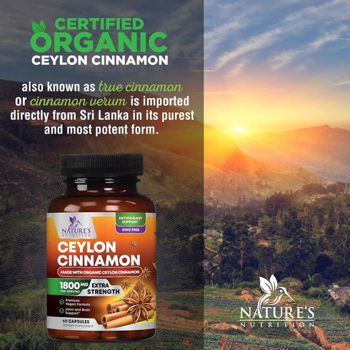 Pure Cinnamon Capsules - 60 Certified Organic Ceylon Cinnamon Pills, Non-GMO, Gluten-Free
