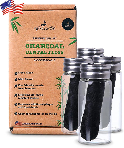 Natural Deep Clean Charcoal Floss, Mint Flavor Dental Floss in Glass Container, Pack of 4