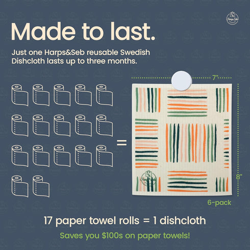 Harps&Seb 6-Pack Reusable Swedish Dishcloths, Super Absorbent Washable Towels with Hanging Clips, Biodegradable