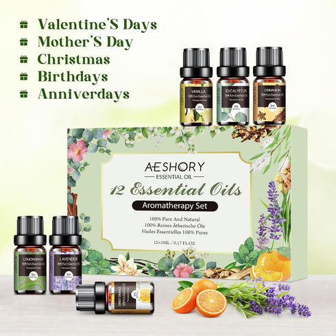 Essential Oils Set - 12 Pcs Aromatherapy Kit for Diffuser, Massage, Soap, Candle Making, 5mL