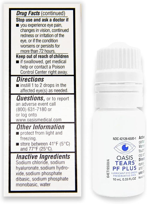 OT6500 0.34 OZ (10 mL) Oasis TEARS PF Plus Preservative-Free Lubricant Eye Drops Dry Eye Relief | Artificial Tears | FL