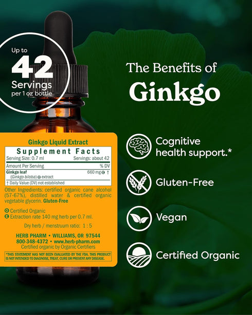 Herb Pharm Certified Organic Ginkgo Liquid Extract for Memory and Concentration, 1 Ounce