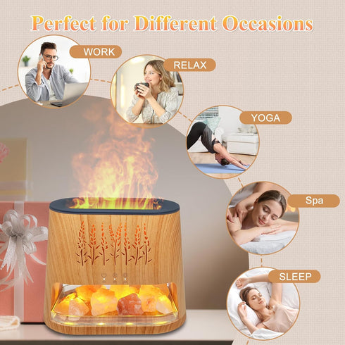 Walve 8 Fireplace Flame Diffuser & Himalayan Salt Lamp, Colors Aromatherapy Diffuser Cool Mist Humidifier with Timer