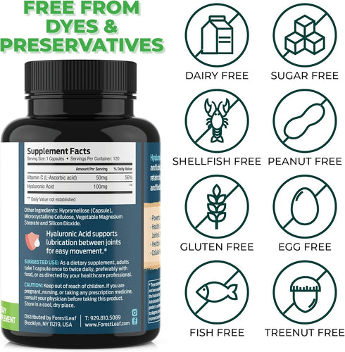 ForestLeaf Hyaluronic Acid Supplements - 100mg Dietary Powder Capsules + 50mg VIT C, 120 Caps