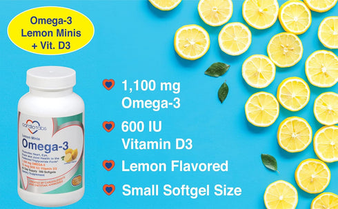 Omega 3 Lemon Minis + Vitamin D3, 1,100 mg Omega-3, 600 IU Vitamin D3, Easy-to-Swallow Softgels, 180 Count