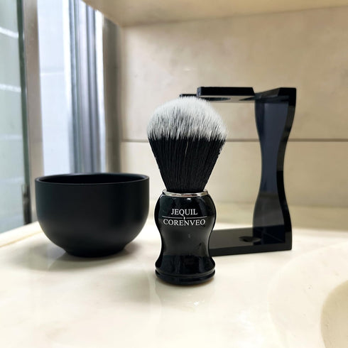 Je&Co Men's Shaving Brush Set - 3 in 1 Synthetic Brush with Steel Bowl and Acrylic Stand