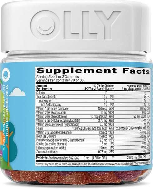 Gummy, 35 70 Count OLLY Kids Multivitamin & Probiotic Digestive Support, Vitamins A, D, C, E, B, Zinc, Chewable