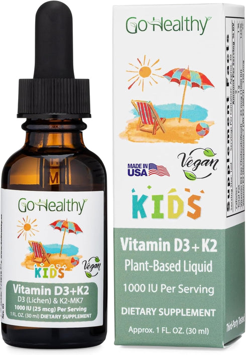 Go Healthy Kids Vitamins D3 K2 (MK-7), Liquid Vegan Drops for Children's Growth & Immune Support, 30 Servings