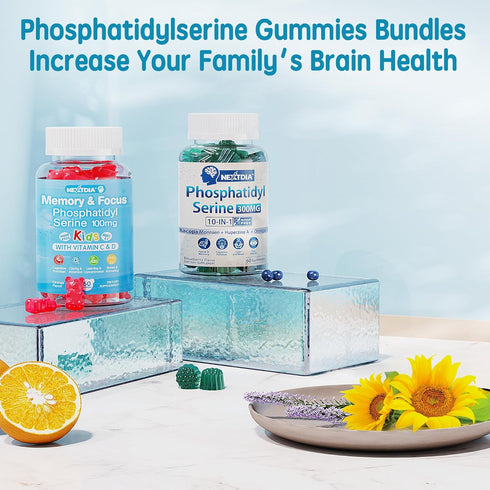 Sugar Free Phosphatidylserine Supplement 100mg, Kids Brain Gummies with Vitamin D3, C for Focus & Memory, 120 Cts