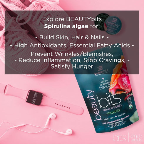 BEAUTYbits Organic Spirulina Tablets - Algae Superfood for Hair, Nails, & Skin Care, 2 Bags, 60 Tablets