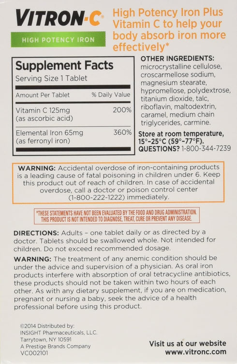 VITRON-C High Potency Iron Plus Vitamin C Tablets, 60 Ea, 3 Pack