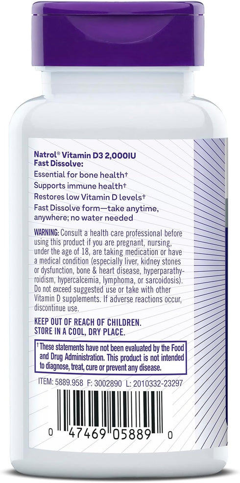 Natrol Fast Dissolve Vitamin D3 2,000 IU - 90 Tablets for Bone and Joint Health