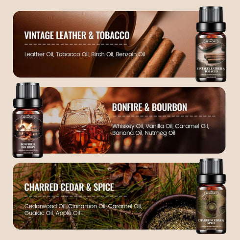 Set, Kit(6x10ML) Men Essential Oils Fragrance Oil for Diffuser, Leather, Tobacco, Cedar, Bourbon Whisky, Bergamot