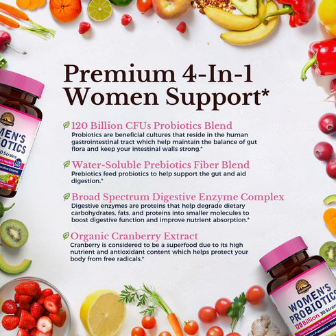 VITALITOWN Women's Probiotics 120 Billion CFUs - 30 Strains with Prebiotics & Digestive Enzymes, Vegan 60 Caps