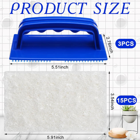 18 Pcs Handled Bath Scrubber Set, 15 Bathroom Scouring Pad 3 Bathtub Scrubber with Handle Non Scratch Soap Scum Remover for Cleaning Sink Shower Tile Swimming Pool Step and Corners(Blue and White)