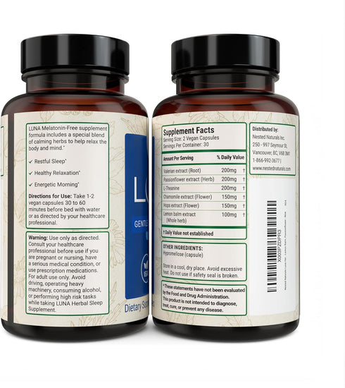Nested Naturals Luna Sleep Supplement, Melatonin Free, Non-Habit Forming Herbal Sleep Supplement for Adult Bedtime