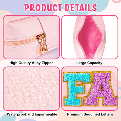 ZAUGONTW 3 Pcs Preppy Patch Makeup Bag Set - Waterproof PU Leather Toiletry Organizer with Nylon Zipper for Women