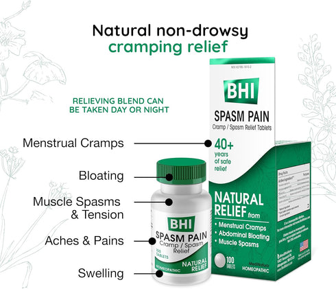 BHI Spasm Natural Relaxer Relief: 100 Tablets for Menstrual Cramps and Muscle Spasms