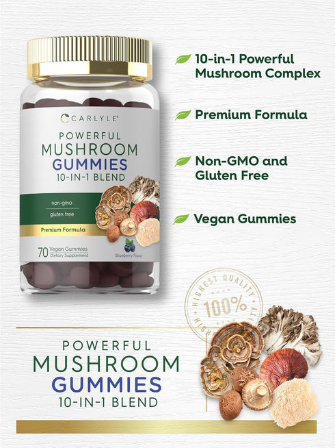 Gummies 70 Gummies 10-in-1 Carlyle Mushroom Supplement | Vegan | Blend | Non-GMO, and Gluten Free