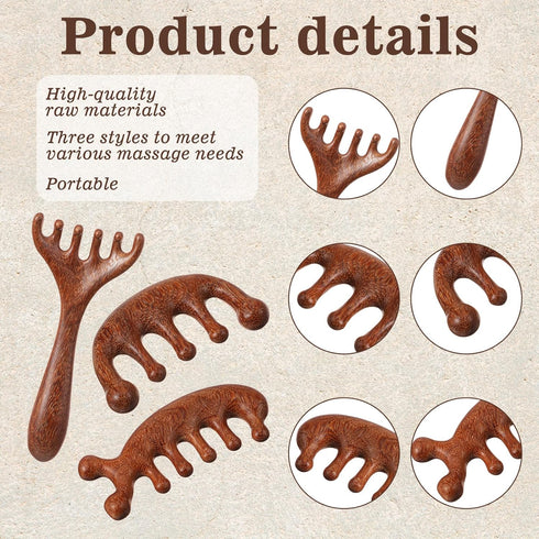 Trinkrittey 3 Pcs Wooden Head Scalp Massager Comb Hair Gua Sha Comb Wooden Hair Brush Head Massage Tool Hairs Scrubber