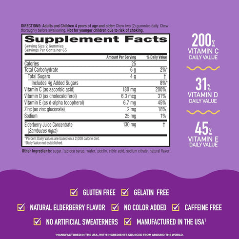 Airborne Elderberry Gummies for Adults, Vitamin C, Zinc, Immune Support, 130 Gummies, Elderberry Flavor