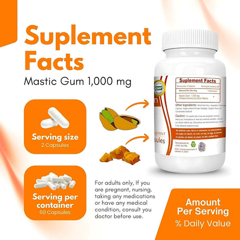 Premium Mastic Gum Capsules - Natural Gastrointestinal Support Supplement, 120 Capsules, 1000mg Per Serving