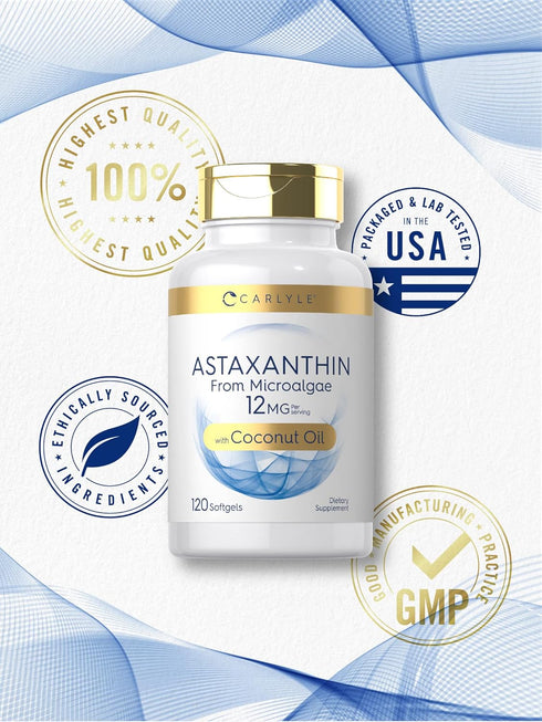 Carlyle Astaxanthin 12mg, 120 Softgels, Non-GMO & Gluten Free Supplement from Microalgae with Coconut Oil